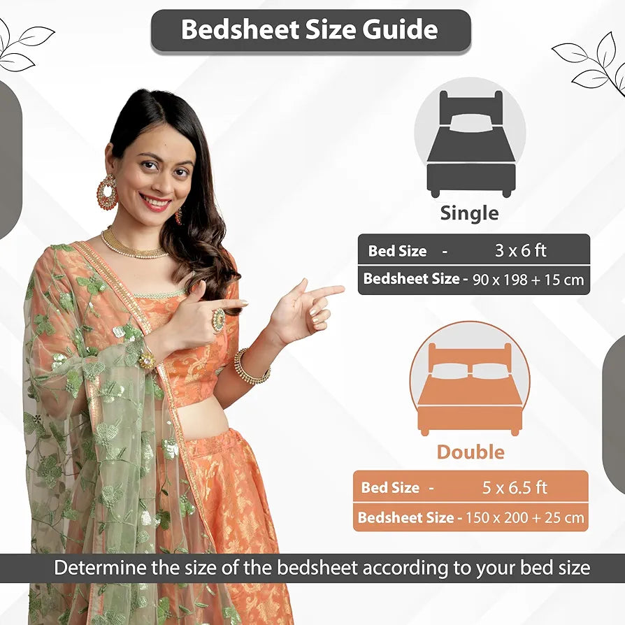 Divine Casa 144 TC 100% Cotton Floral Pattern Elastic Fitted Queen Size Bedsheet with 2 Pillow Covers Cream & Brown Print Ideal Colour Harbor Mist