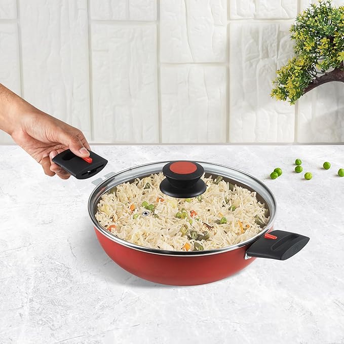 Vinod Popular Aluminium Non Stick Kadai With Detachable, Removeable Handles - 2.5 Litres | 24 Cm | 3 Mm Thick | Kadhai With Glass Lid