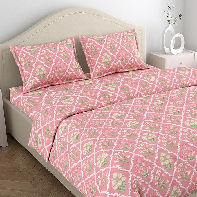 Haus & Kinder Cotton Queen Size Bedsheet For Double Bed (90 X 100 Inches) With 2 Pillow Covers | 186 Tc |ecos Of Pink City