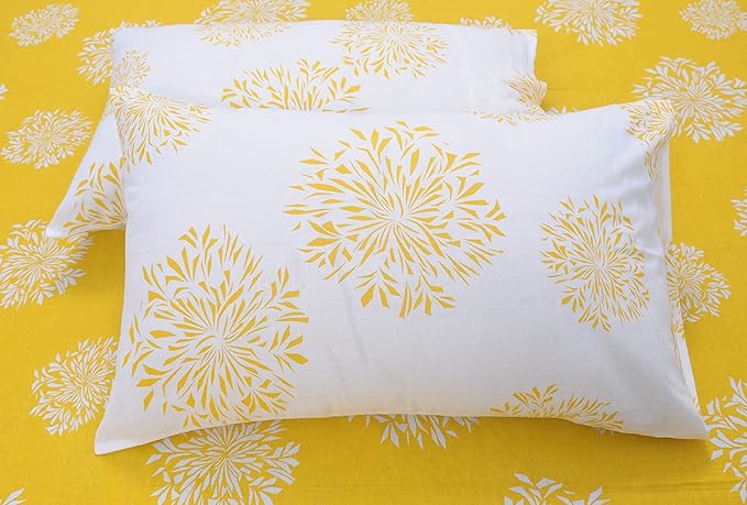 Huesland by Ahmedabad Cotton 144 TC Bedsheet for King Size Bed with 2 Pillow Covers | Yellow & White