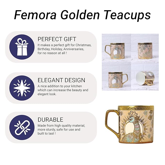 Femora Bone China Gloden Tea Cup | Crowned Gold | 160 Ml