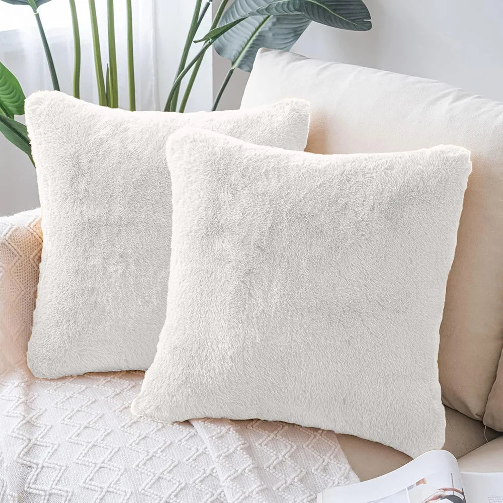 Luxe Home Cushion Cover Duble Side Rabbit Fur Plain Design Covers Set of 2 Colour White
