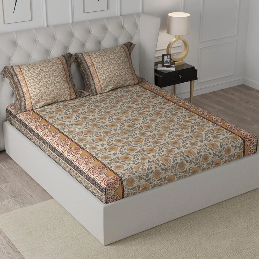 Cloth Fusion 186tc Glace Cotton Elastic Fitted Bedsheet for Double Bed King Size with 2 Pillow Covers Floral Beige