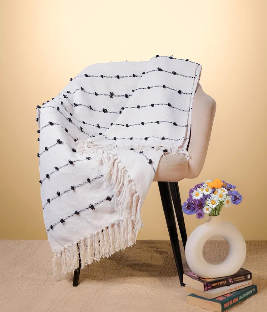 Sajavat Home Hand Knitted Pure Cotton 3 Seater Sofa Throw Colour Beige & Black