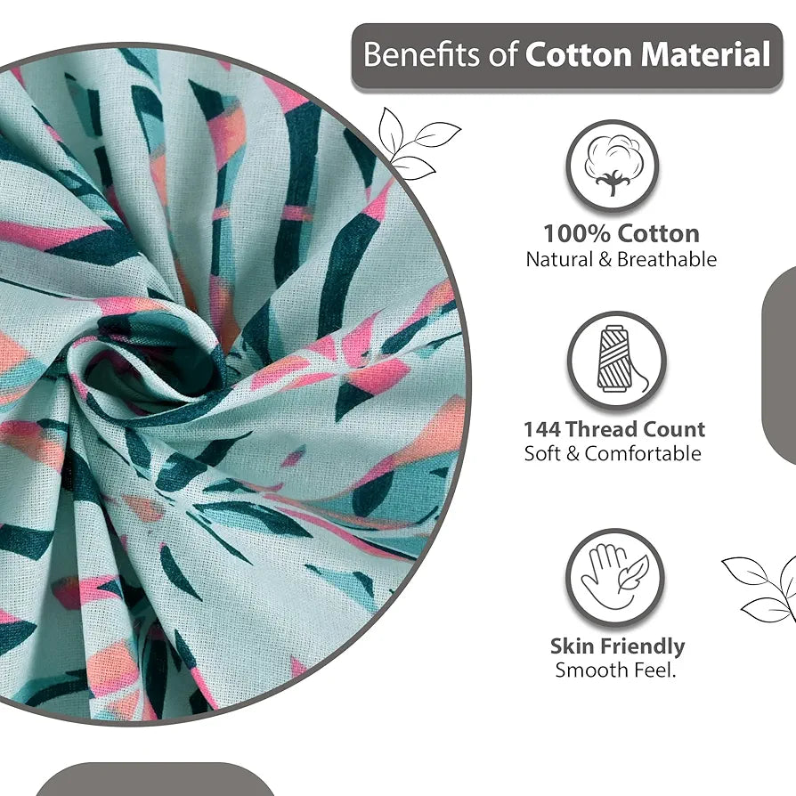 Divine Casa 144 TC 100% Cotton Double Bedsheet with 2 Pillow Covers Tropical Leaf Colour Light Blue Pink