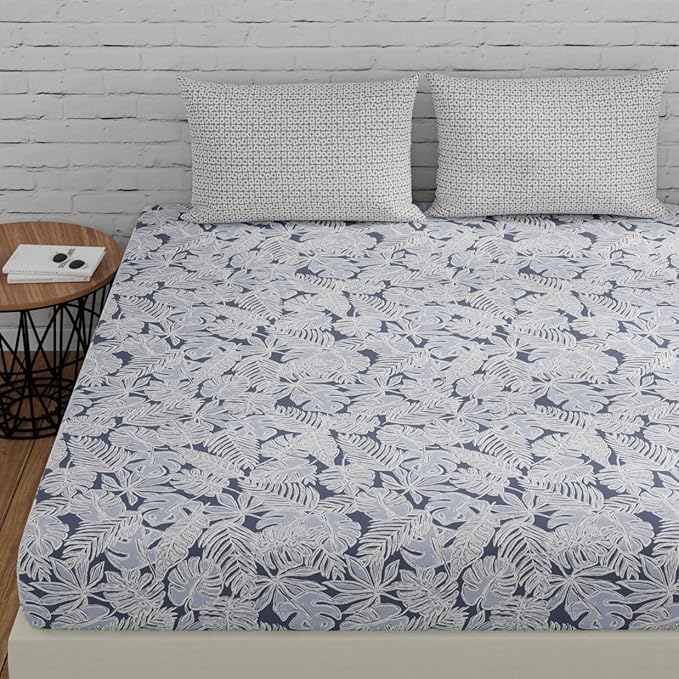 Huesland by Ahmedabad Cotton 144 TC Cotton Bedsheets for King Size Bed with 2 Pillow Covers | Grey & White