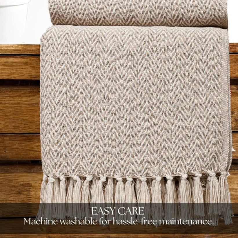 Homadorn All Season Cotton Weaved Throw Blanket Colour Beige