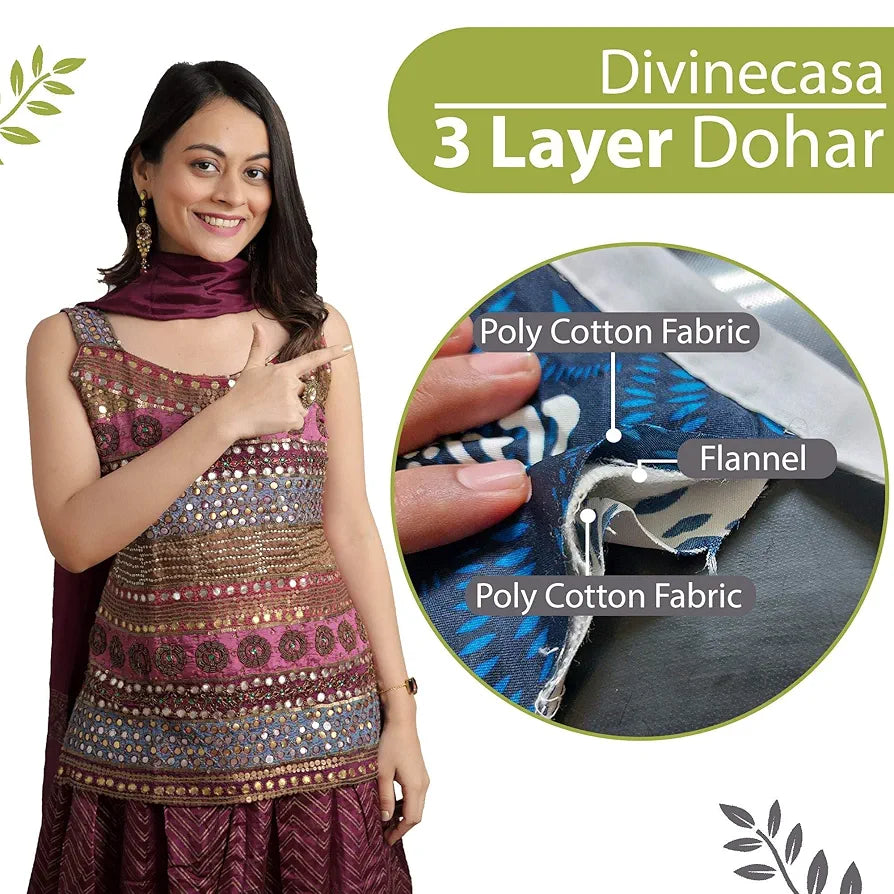 Divine Casa 120 GSM Super Soft Microfiber Cotton 3 Layer Breathable Double Bed Throw Blanket Colour Green and Grey