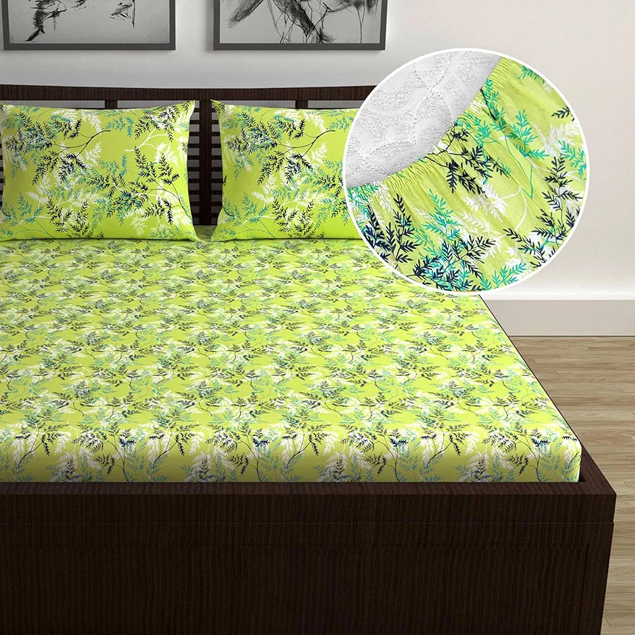 Divine Casa 144 TC 100% Cotton Floral Green Cotton Lightweight Elastic Fitted Double Bedsheets Colour Lime Punch