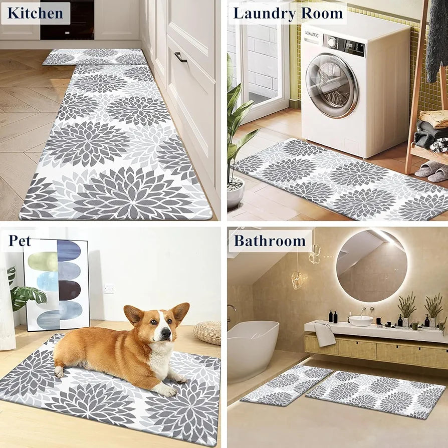 Ishro Home Velvet Premium Kitchen Mats For Floor Kitchen Runner 2 Pcs Set Colour Breeze Grey