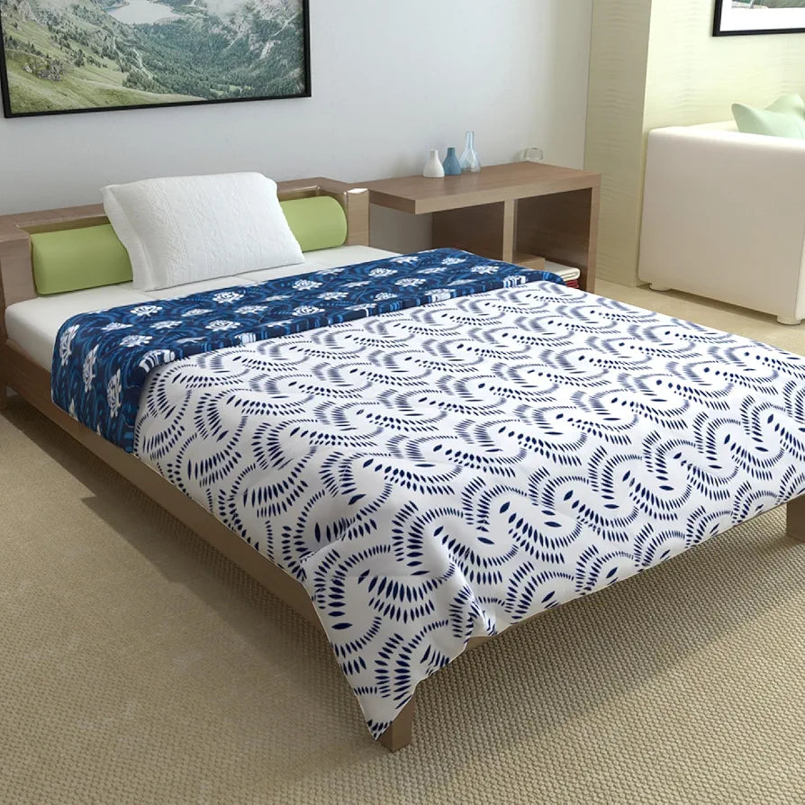 Divine Casa Microfibre Printed Reversible 120 GSM Single Bed Size Quilt Lightweight Comforter Blanket TC - 120 Colour Navy Blue and White