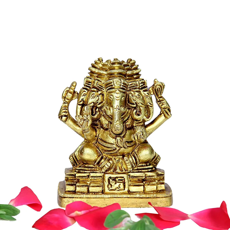 anciently Brass Panchmukhi Vinayaka Idol | Panchmukhi Ganesh Idol Brass Statue | Panchamukhi Ganesha Idol 8cm Height, Gold Colour
