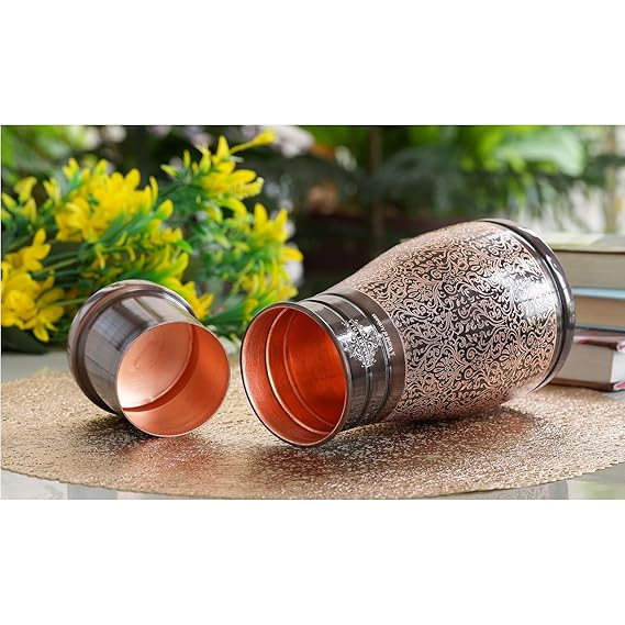 Indian Art Villa Pure Copper Bedroom Water Bottle With Inbuilt Glass Dark Embossed Design