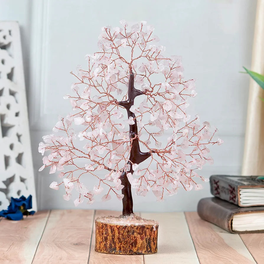 Bezavo Rose Quartz Crystal Feng Shui Tree Silver Wire