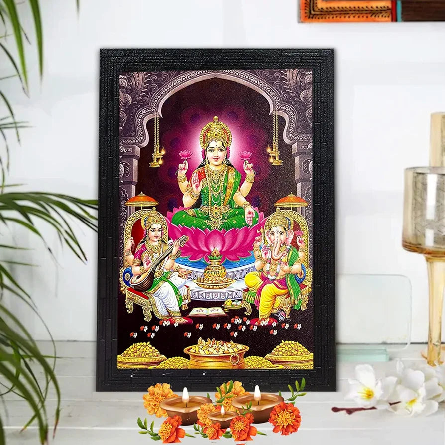 Lifehaxtore Lakshmi With Ganesha and Saraswati Photo Painting with Wooden Frame Black for Temple -Model 1