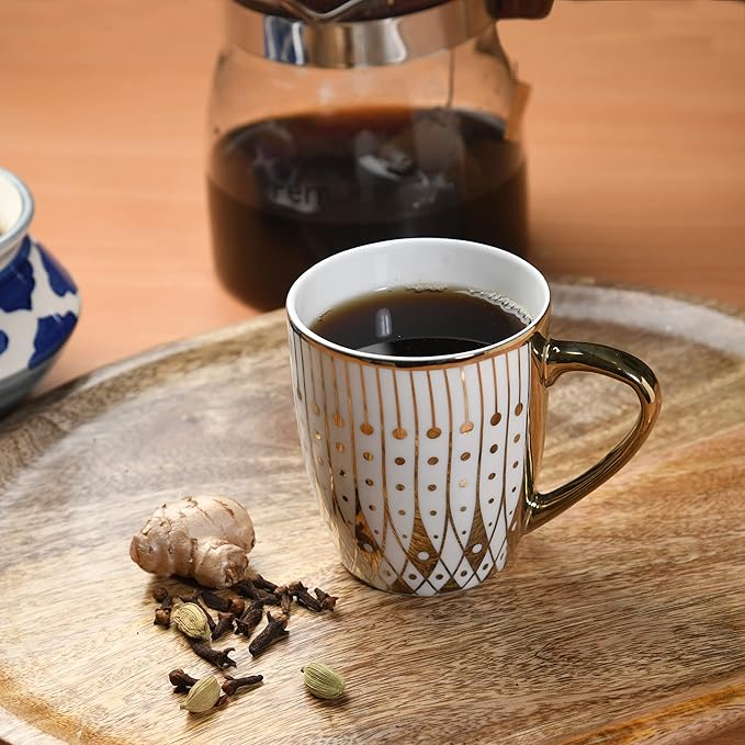 Femora Gold Modern Pattern With White Background Golden Coffee Mugs| 160 Ml | Golden | 6 Pcs Set | Not Microwave Safe