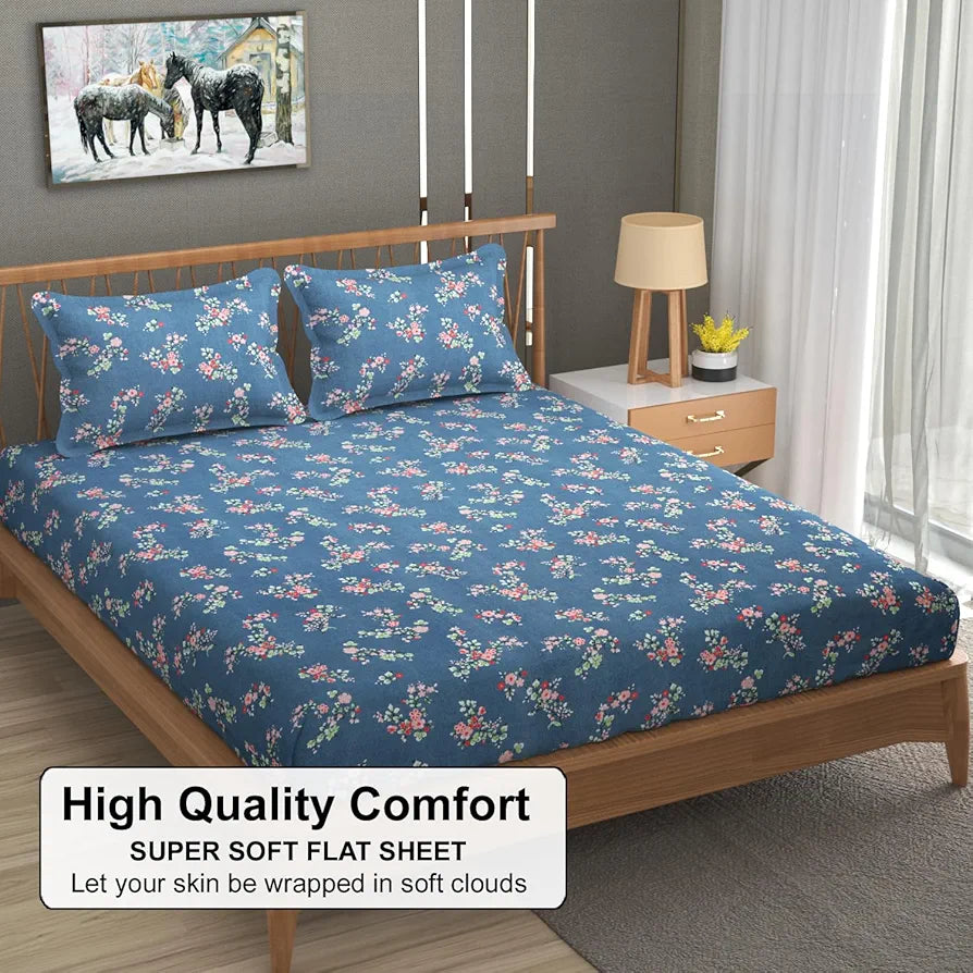 Fresh From Loom Anti Fade Floral Print 240 TC Microfiber King Size Bedsheet with 2 Pillow Covers Greyish-Blue