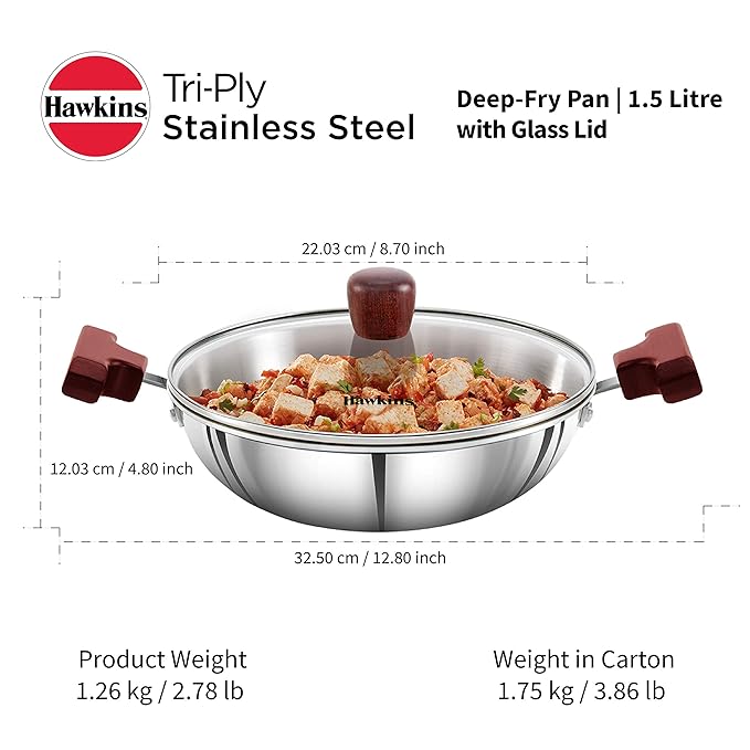 Hawkins 1.5 Litre Deep Fry Pan Triply Stainless Steel Kadai with Glass Lid