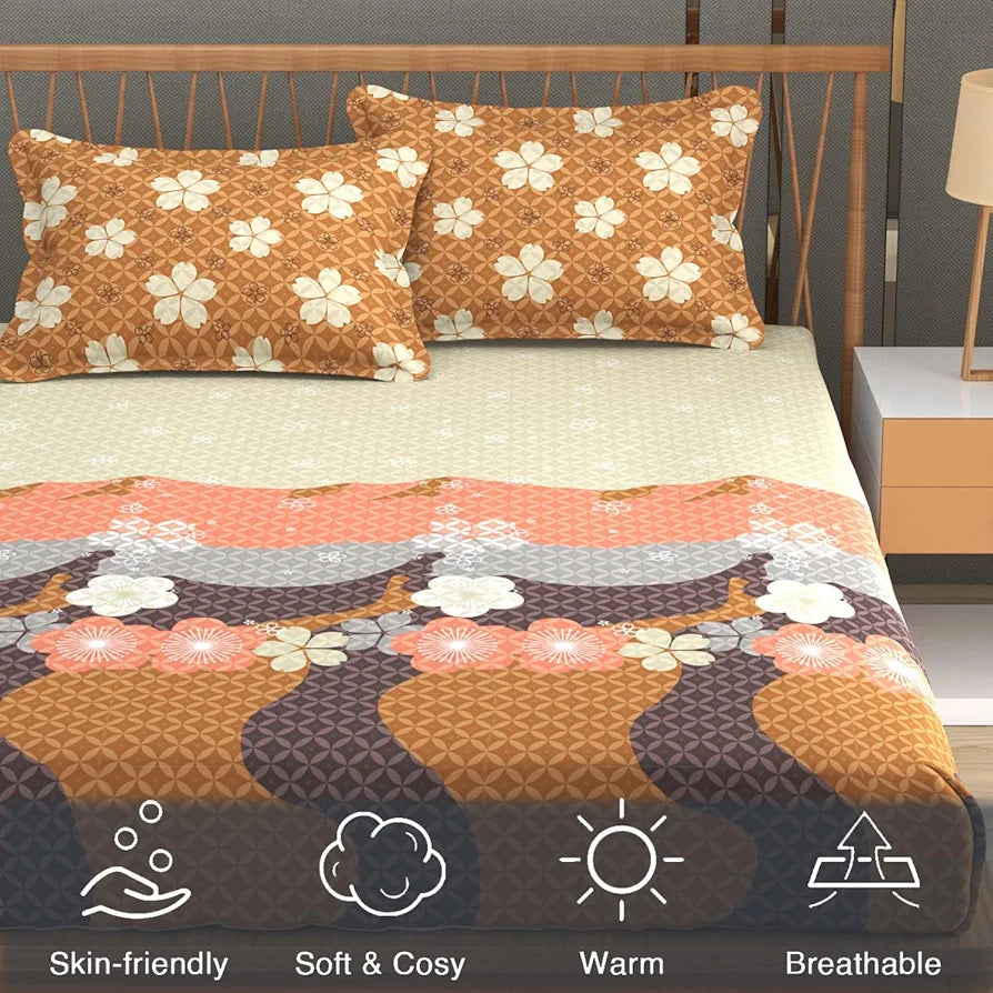 Fresh From Loom Floral Microfiber Cotton Bedsheet 240 TC King Size Soft Bed Cover with 2 Pillow Cover Berry Brown