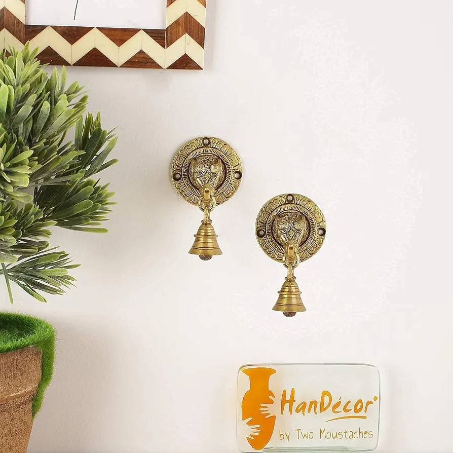 Two Moustaches Elephant Face Wall & Door Brass Decorative Bell Pair