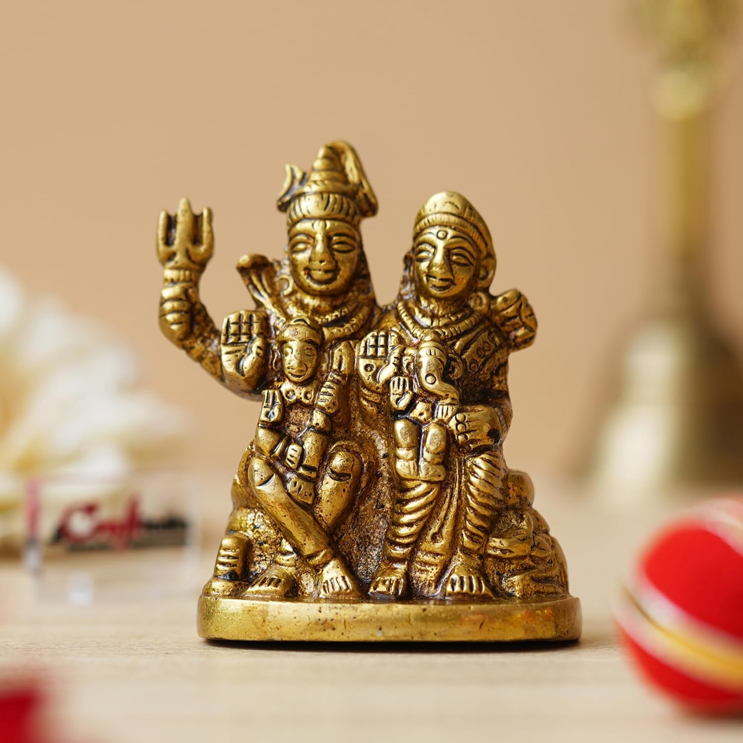 Ecraftindia Golden Brass Shiv Parivar Murti Idol | Lord Shiva, Parvati, Ganesha, Kartikeya Statue for Home Temple