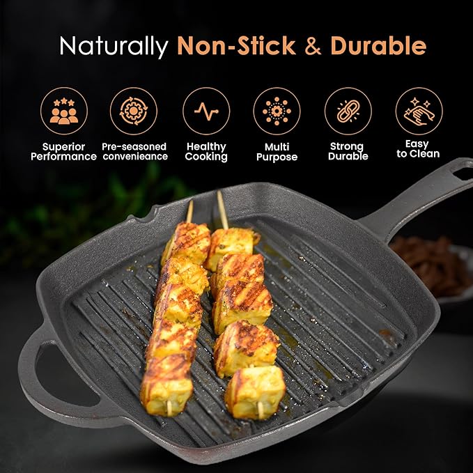 Solara Premium Pre-seasoned Cast Iron Grill Pan With Long Handle | 24 Cm | Induction Friendly | Toxin-free Tandoor Grill Pan