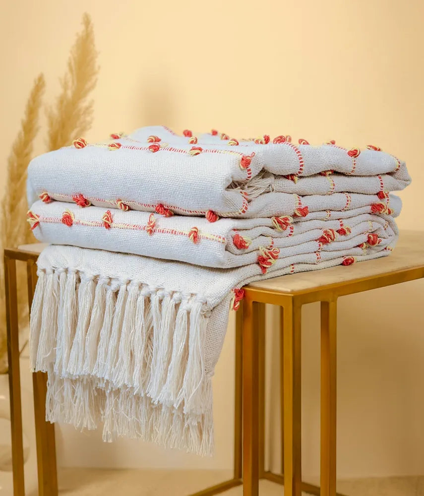 Sajavat Home Hand Knitted Pure Cotton 3 Seater Sofa Throw Colour Beige & Royal Orange