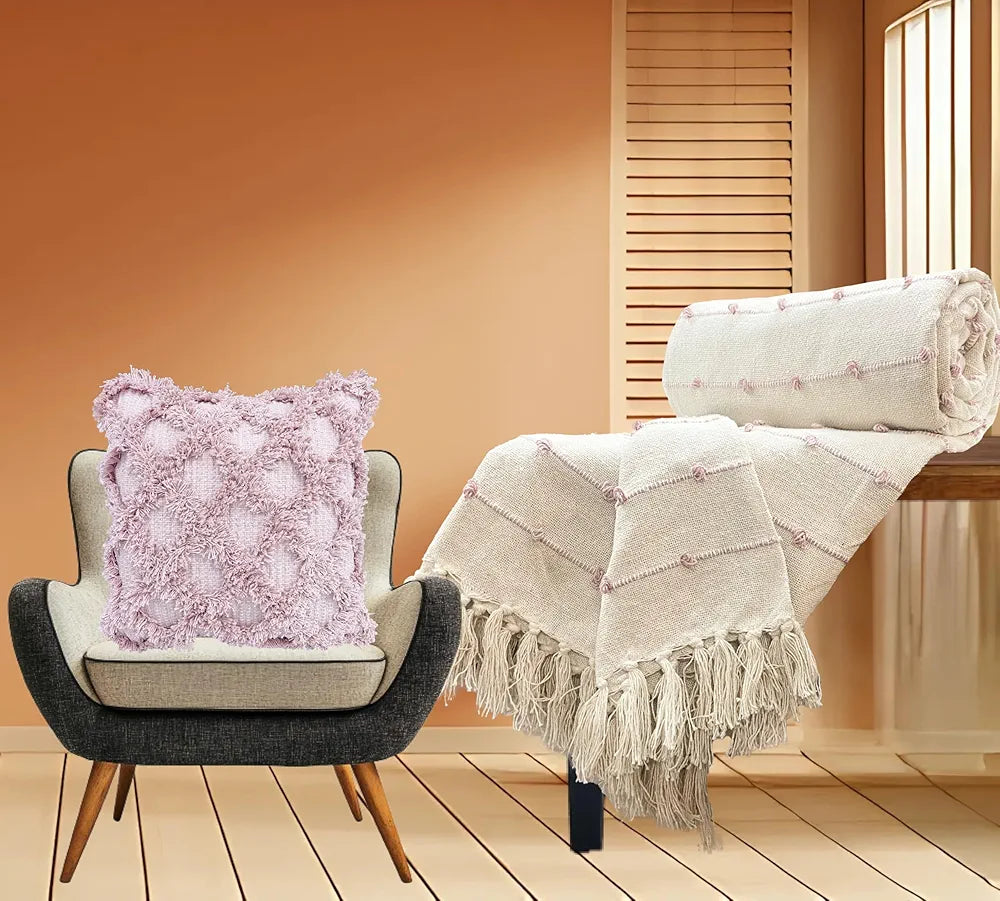 Sajavat Home Hand-Knitted Pure Cotton 3 Seater Sofa Throw & Cushion Cover Colour Beige Pastel Throw & Pink Cushion