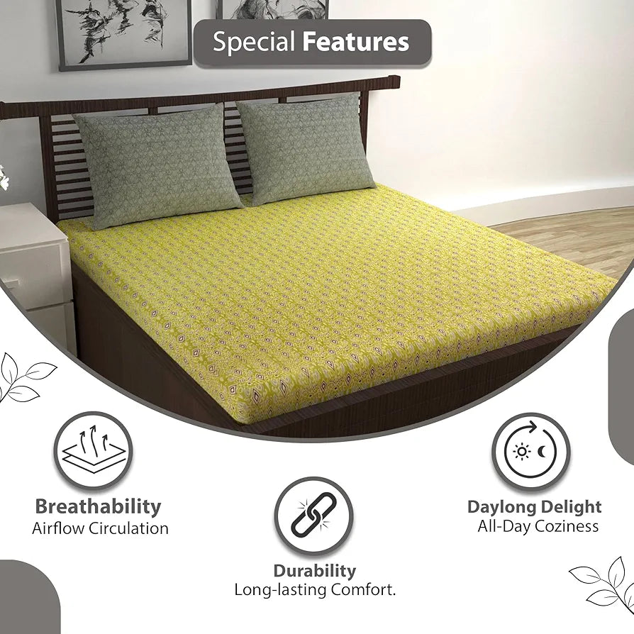 Divine Casa 144 TC 100% Pure Cotton Double Bedsheet with 2 Pillow Covers Ikat Diamond Print Colour Mustard Yellow