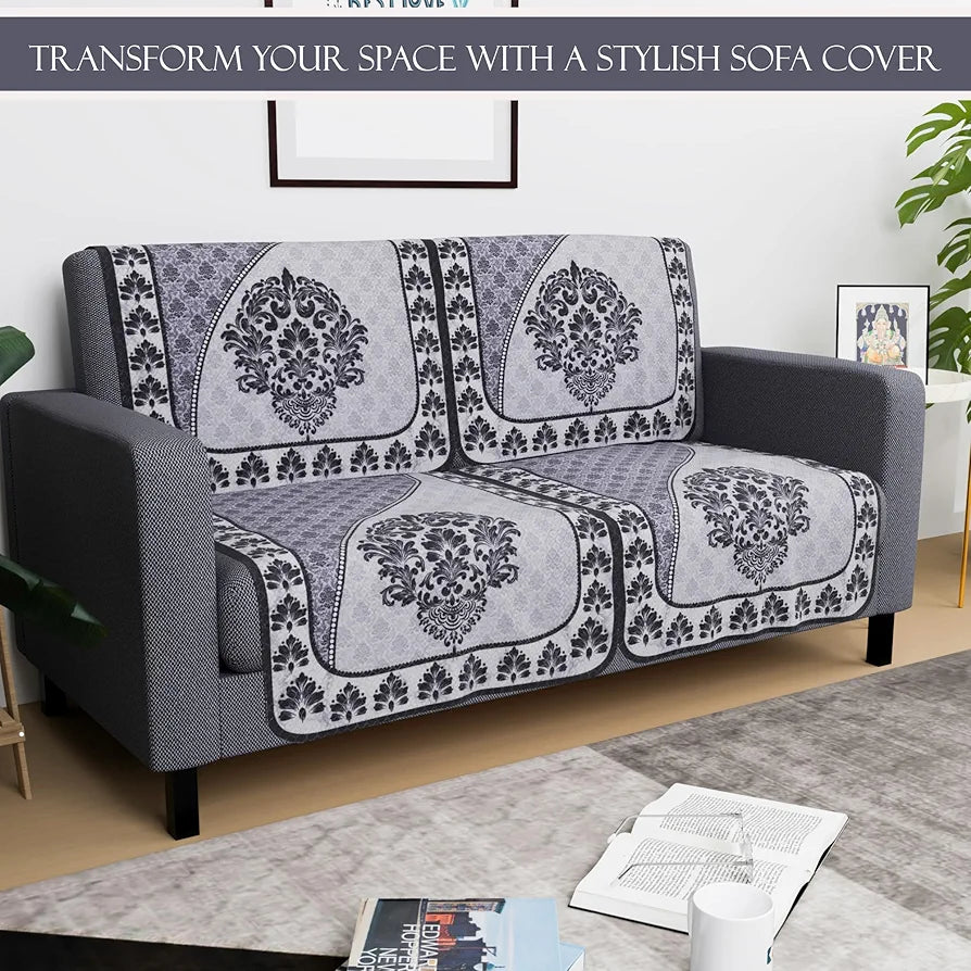Kuber Industries Set of 4 Net Durable 2 Seater Sofa Covers Floral Print Black & Grey