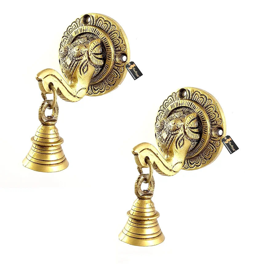 Two Moustaches Elephant Face Wall & Door Brass Decorative Bell Pair