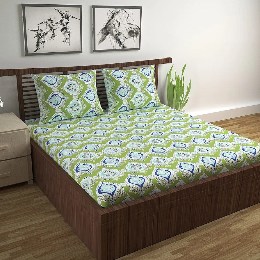 Divine Casa Double Size Bedsheet for Double Bed, 144 TC Pure Cotton Queen Size with 2 Pillow Covers Colour Palm Green
