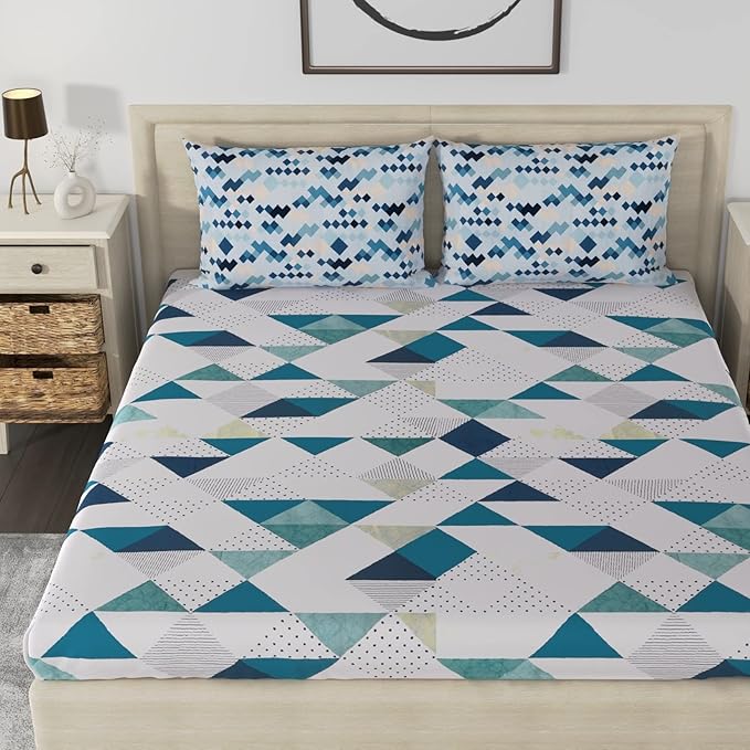 Huesland by Ahmedabad Cotton 186 TC King Size Bedsheet Cotton with 2 Pillow Covers | White, Blue & Beige