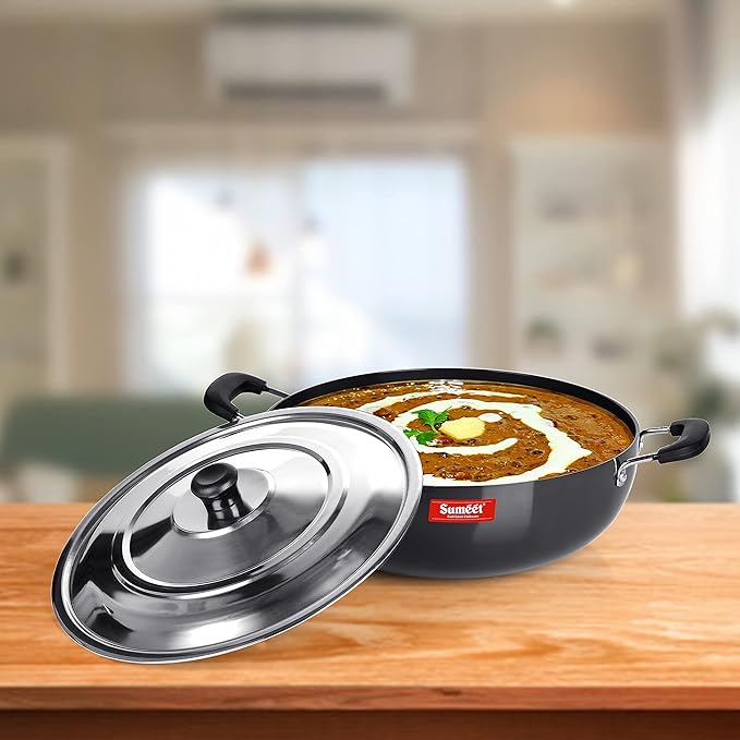 Sumeet 3mm Hard Anodized Deep kadai with Stainless Steel Lid Big Size No 15 28.5cm 4.5 Liter