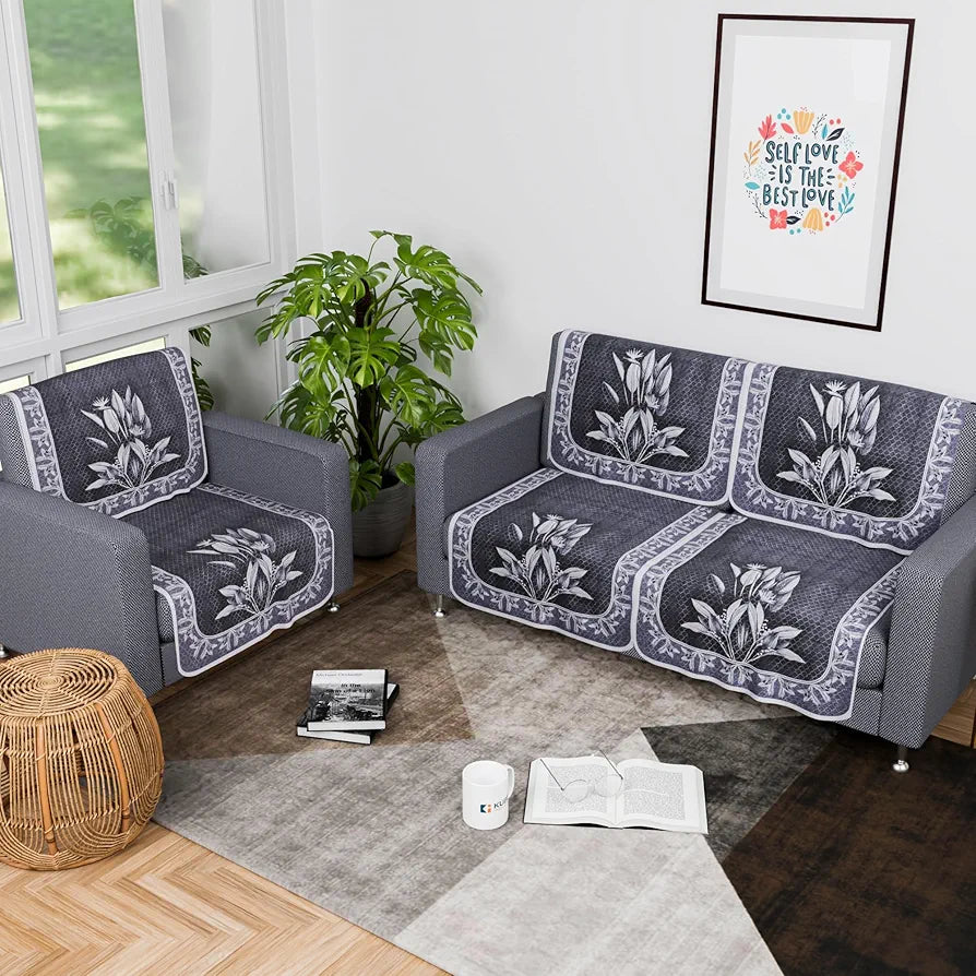Kuber Industries Set of 6 Net Durable 2+1 Seater Sofa Covers Leaf Dark Grey & Lilac