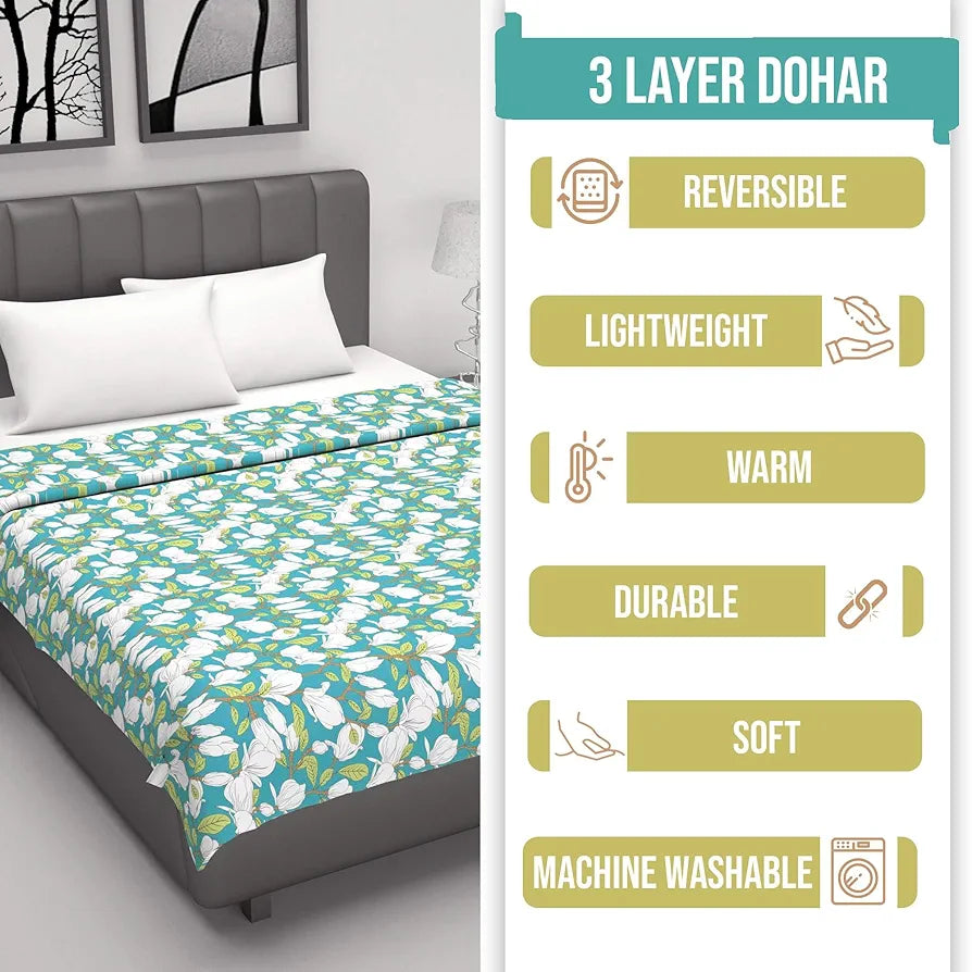 Divine Casa Floret 100% Cotton Double Dohar 120 GSM Soft & Lightweight Throw BlanketColour Meadow Green