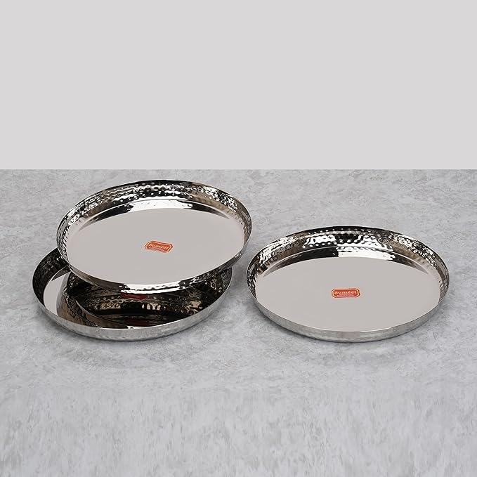 Sumeet Stainless Steel Handcrafted Hammered Texture Heavy Royal Dinner Plate set of 3 Pc 29.5cm