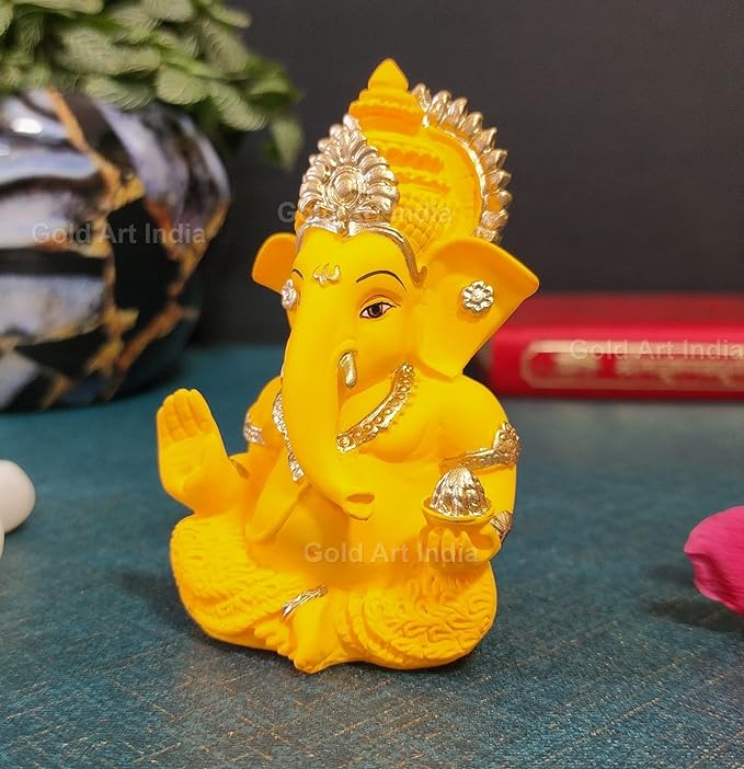 Gold Art India Yellow Mukut Ganesha Good for Divine Home Office Decor Car Dashboard Idol