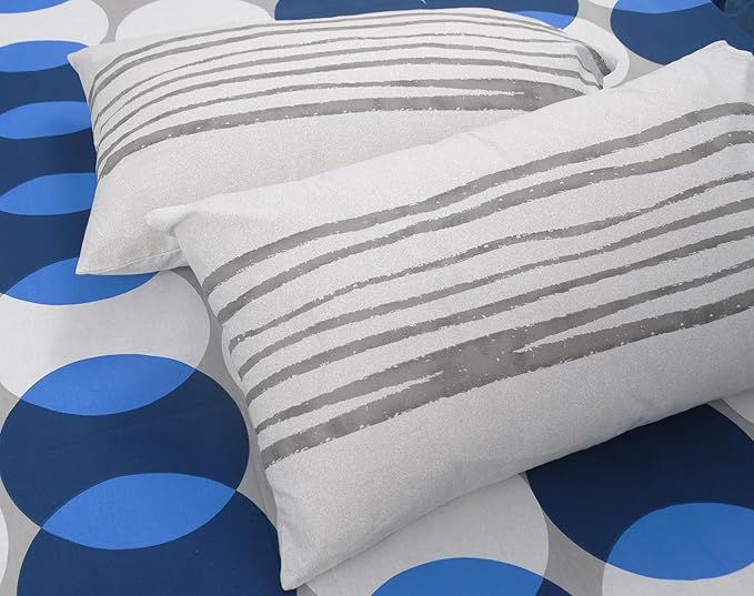 Huesland by Ahmedabad Cotton 144 TC Bedsheet for King Size Bed with 2 Pillow Covers | Bubble Drop | Blue, Grey & White