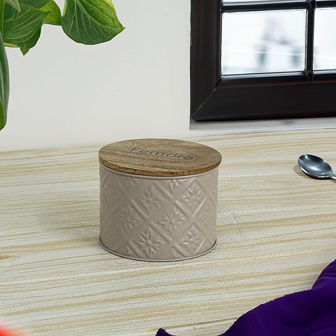 Femora Kitchen Storage Jars Tin Jar With Wooden Lid Air Tight Jar | 300 Ml | Pack of 1