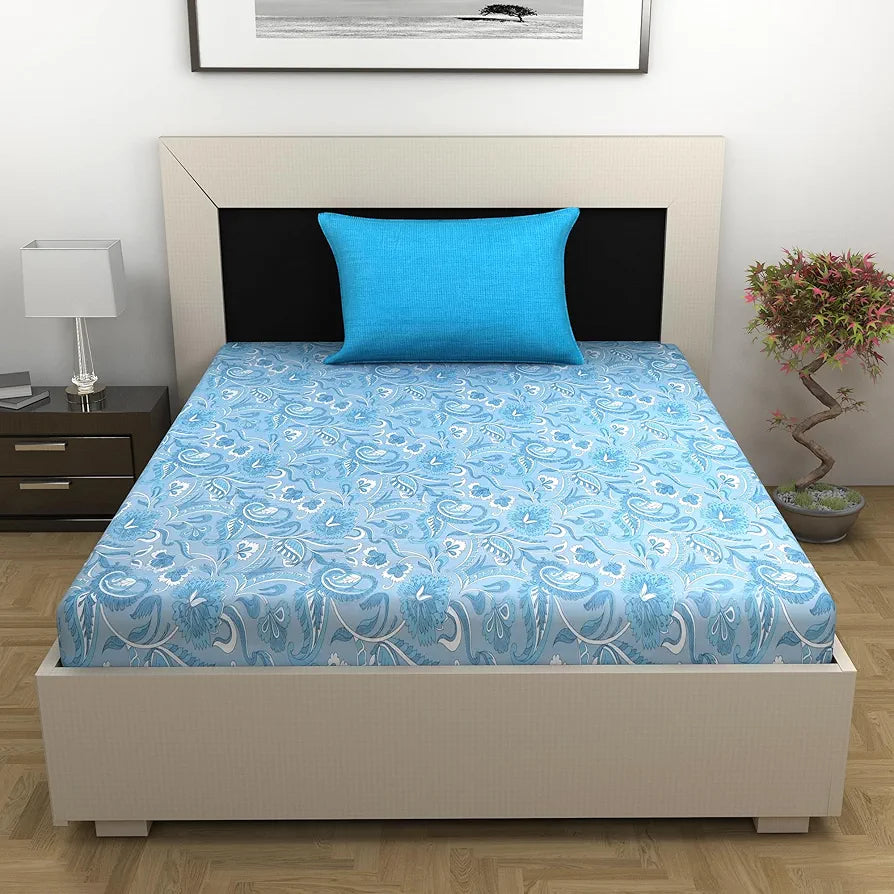Divine Casa 144 TC Pure Cotton Single Size Bedsheet with 1 Pillow Cover Regal Paisley Colour Silver Sky Blue