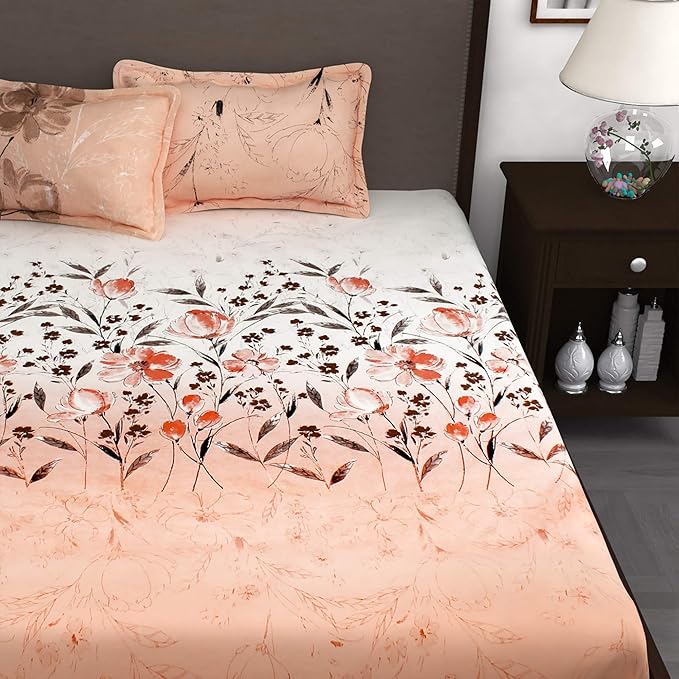 Story@Home Bedsheet Cotton Floral Pattern 1 Bedsheet King Size Bed 2 Pillow Covers White & Peach Colour