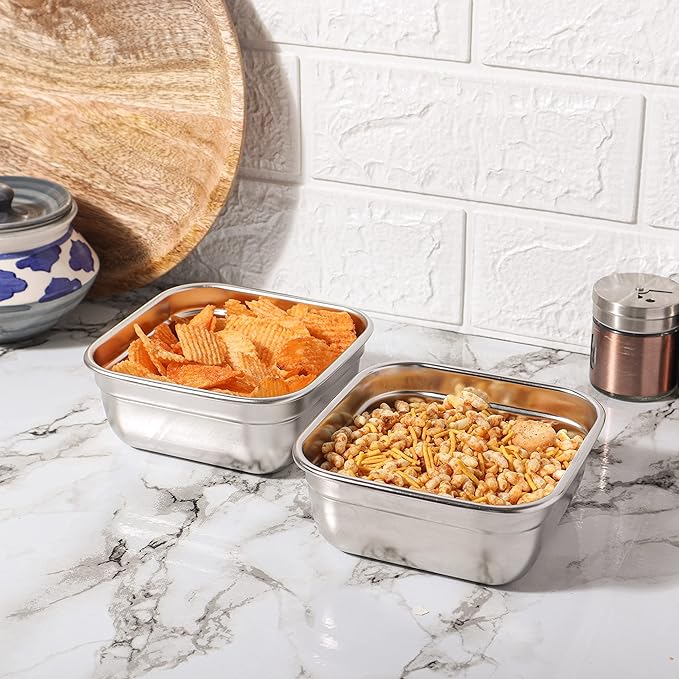 Femora Stainless Steel Square Serving Bowl Set of 2 | 380 Ml