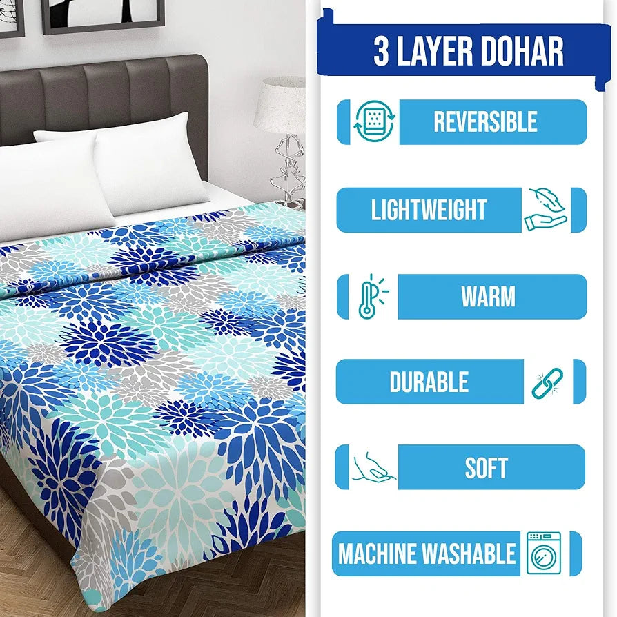 Divine Casa 120 GSM Cloudy Super Soft Brushed Cotton 2 Layer Breathable Double Dohar AC Blanket TC - 120 Colour Blue and Green