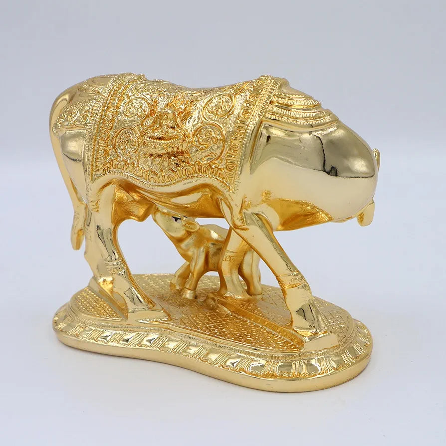 Jaipur Ace Kamdhenu Cow With Calf Statue Standard Size Golden Big Golden Cow
