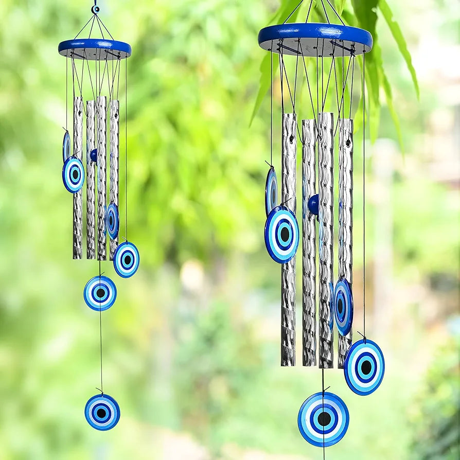 Evil Eye Wind Chimes for Home and Garden 4 Silver Pipe Wind Chime -015