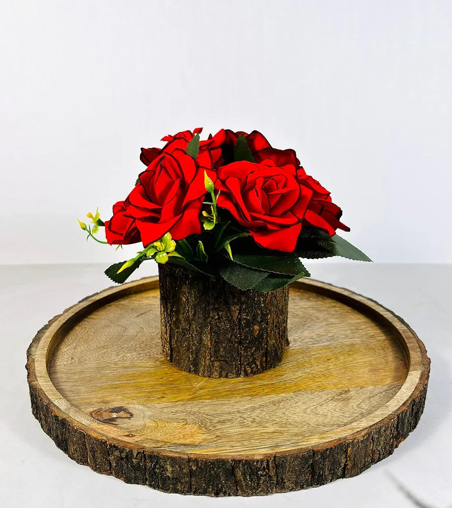 Artificial Velvet Rose Fake Flowers Potted Artificial Plants Indoors Natural Wooden Pot