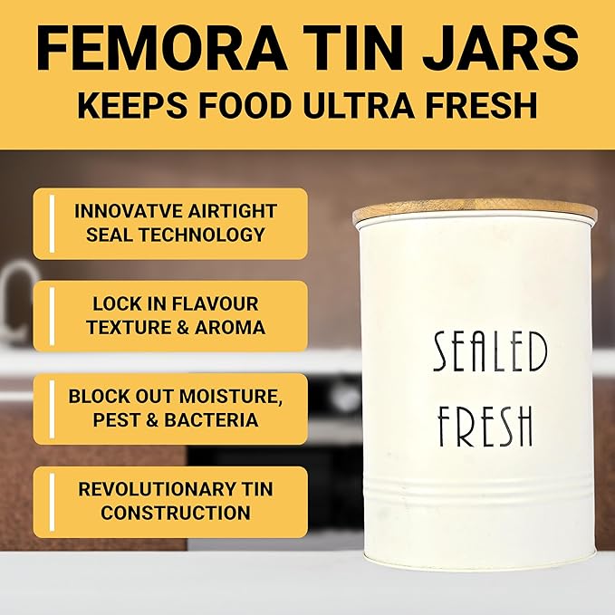 Femora Kitchen Storage Jars Tin Jar With Wooden Lid Air Tight Jar | 900 Ml | Set of 4
