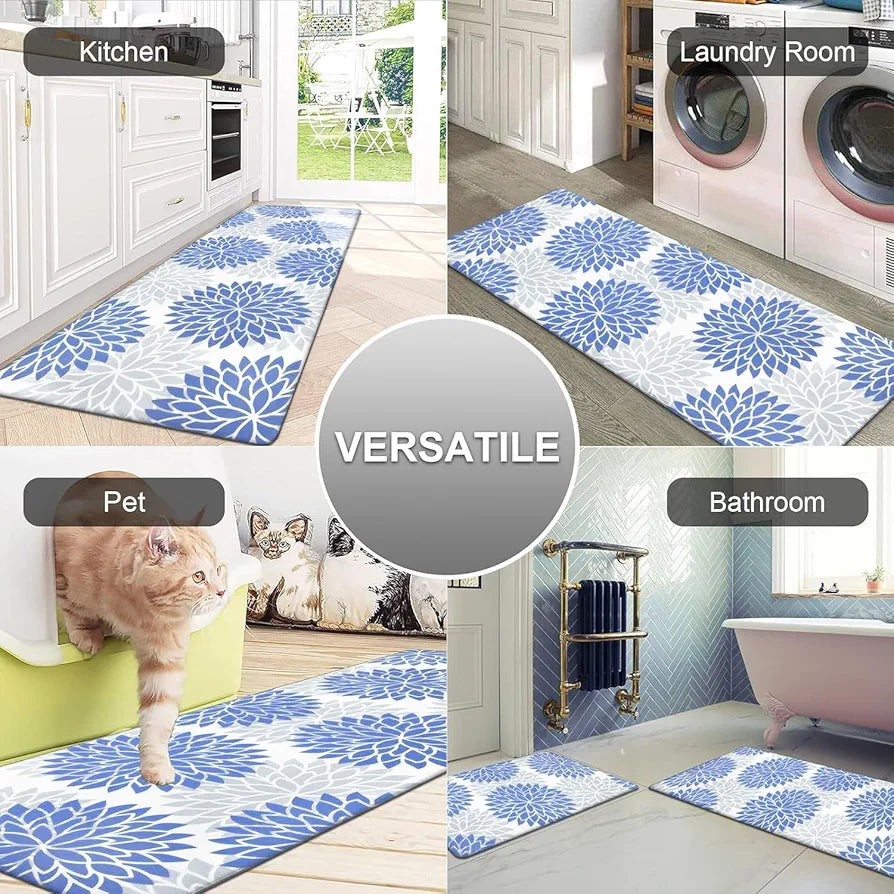 Ishro Home Velvet Premium Kitchen Mats For Floor Kitchen Runner 2 Pcs Set Colour Breeze Blue