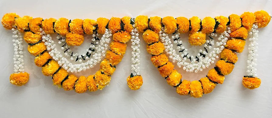 Artificial Marigold Fluffy Flowers Garlands Door Toran Set/Door Hangings Light orange with Jasmine and leaves
